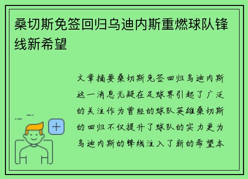 桑切斯免签回归乌迪内斯重燃球队锋线新希望 桑切斯免签回归乌迪内斯重燃球队锋线新希望
